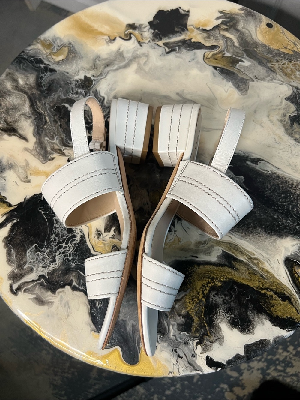 Via Spiga White Leather Low Block Heel Sandals - Picture 7 of 12